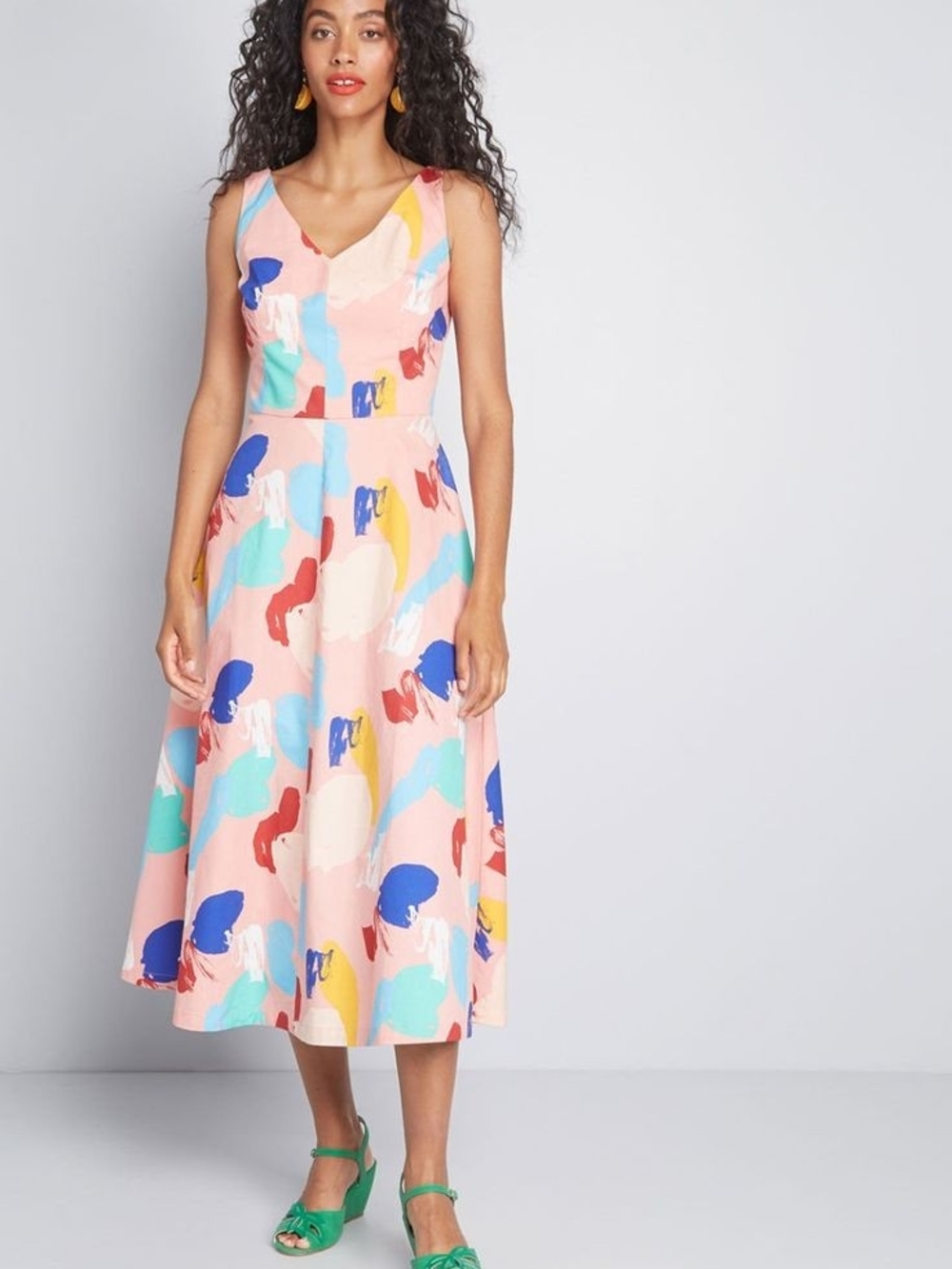 Emily And Fin Pink Abstract Print V-Neck Midi Dress Size 16UK